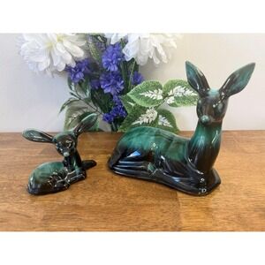Vintage Blue Mountain Pottery Deer Mom Fawn Pair Green Drip Glaze Canada Figures